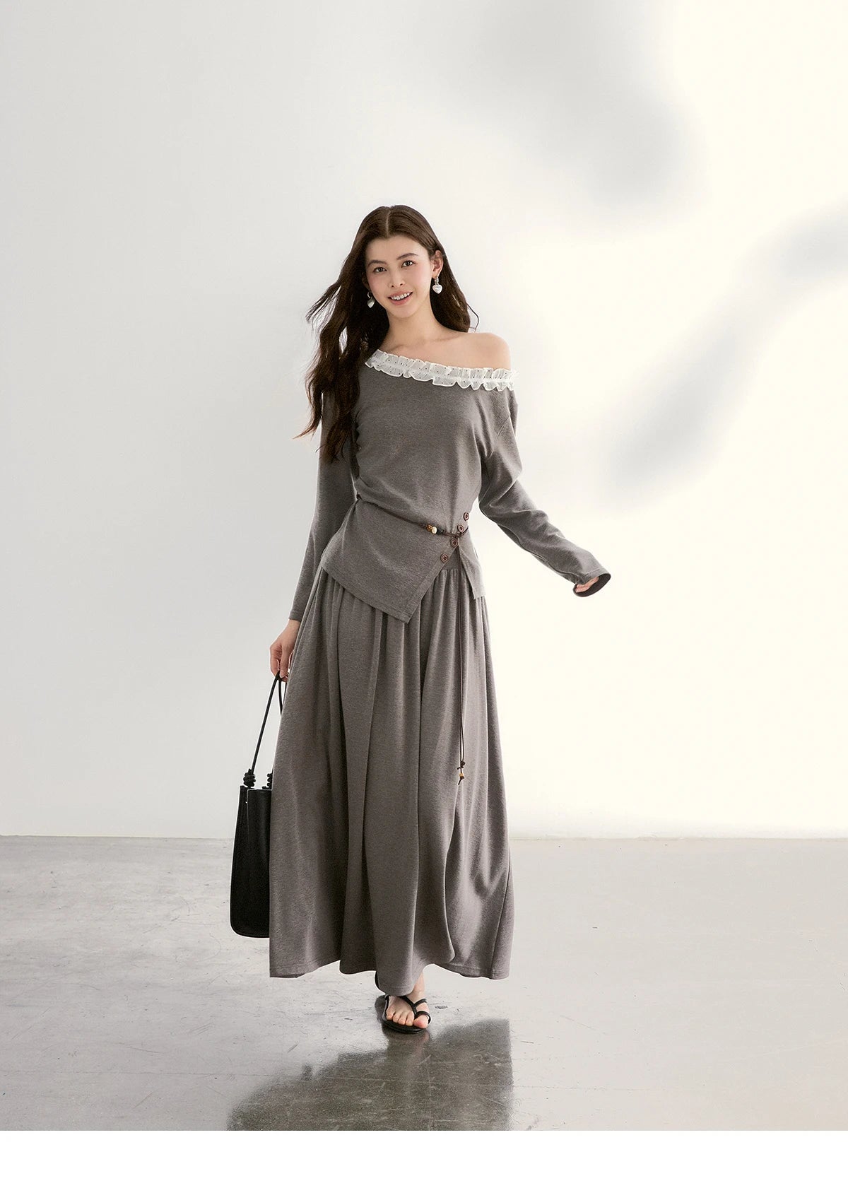 Mishow Grey Off-Shoulder Lace Trim Top & Maxi Skirt Set MXF13T1479