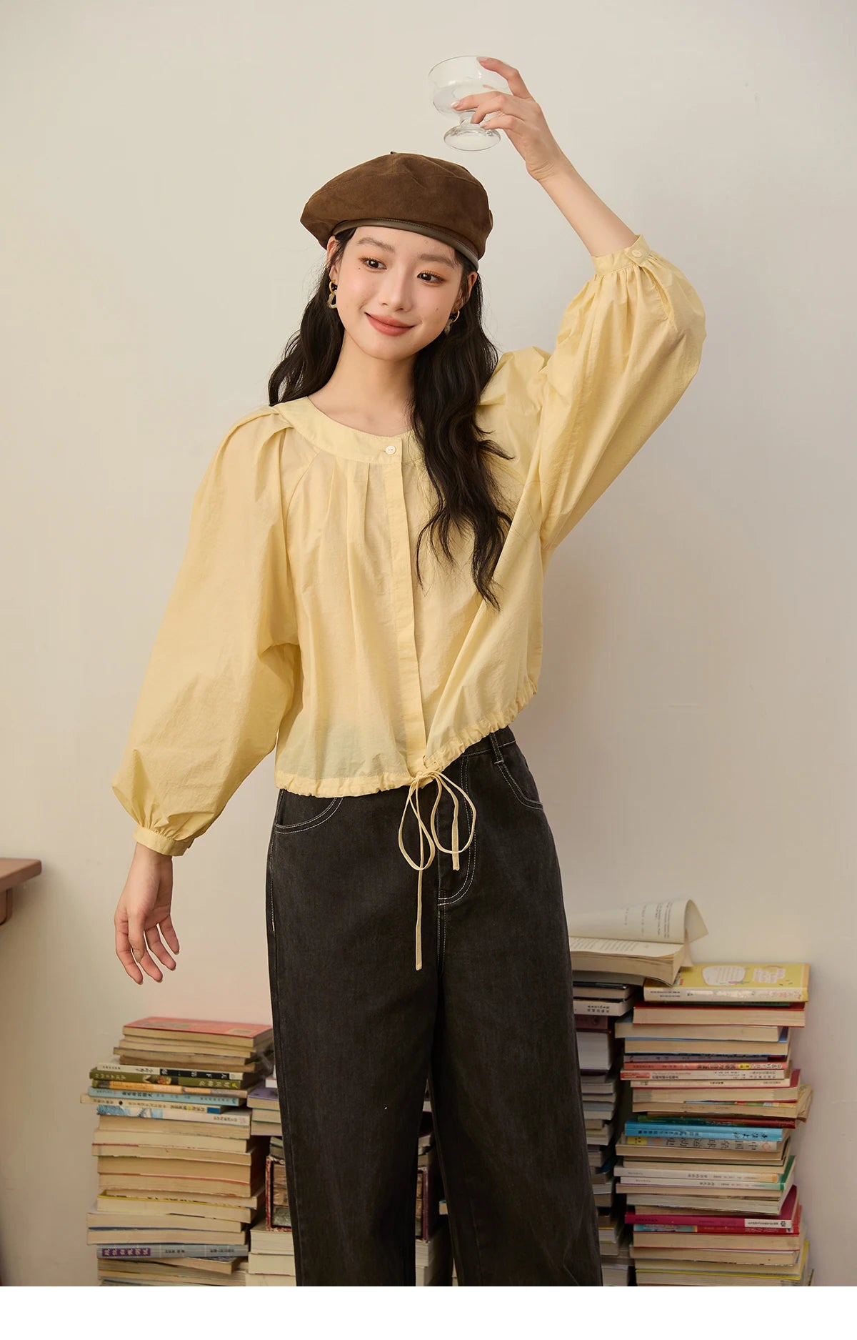 MISHOW Light Yellow Pleated Shirt Drawstring Hem Lantern Sleeve MXE45X2490
