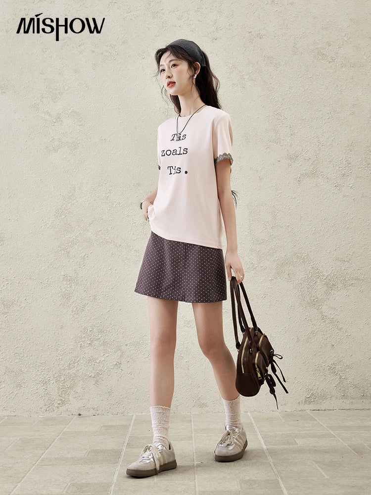 Mishow Pink Letter Print Lace Trim Tee MXE32T0529