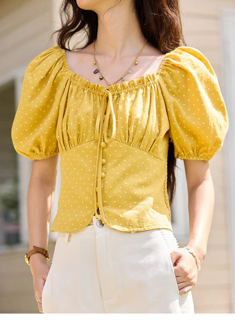 MISHOW Yellow Polka Dot One Shoulder Blouse Back Elastic Lace-Up MXE35X1840