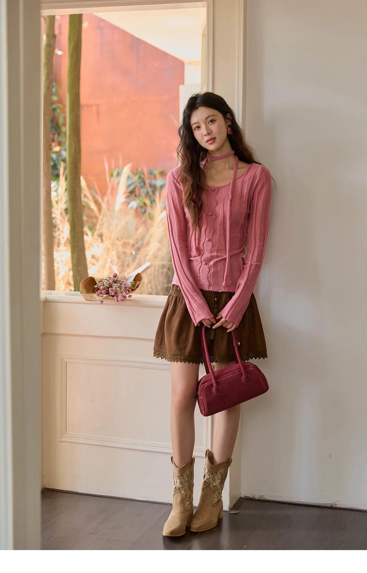 Mishow French Slim Scoop Neck Draped Tie Pullover MXE42Z1322