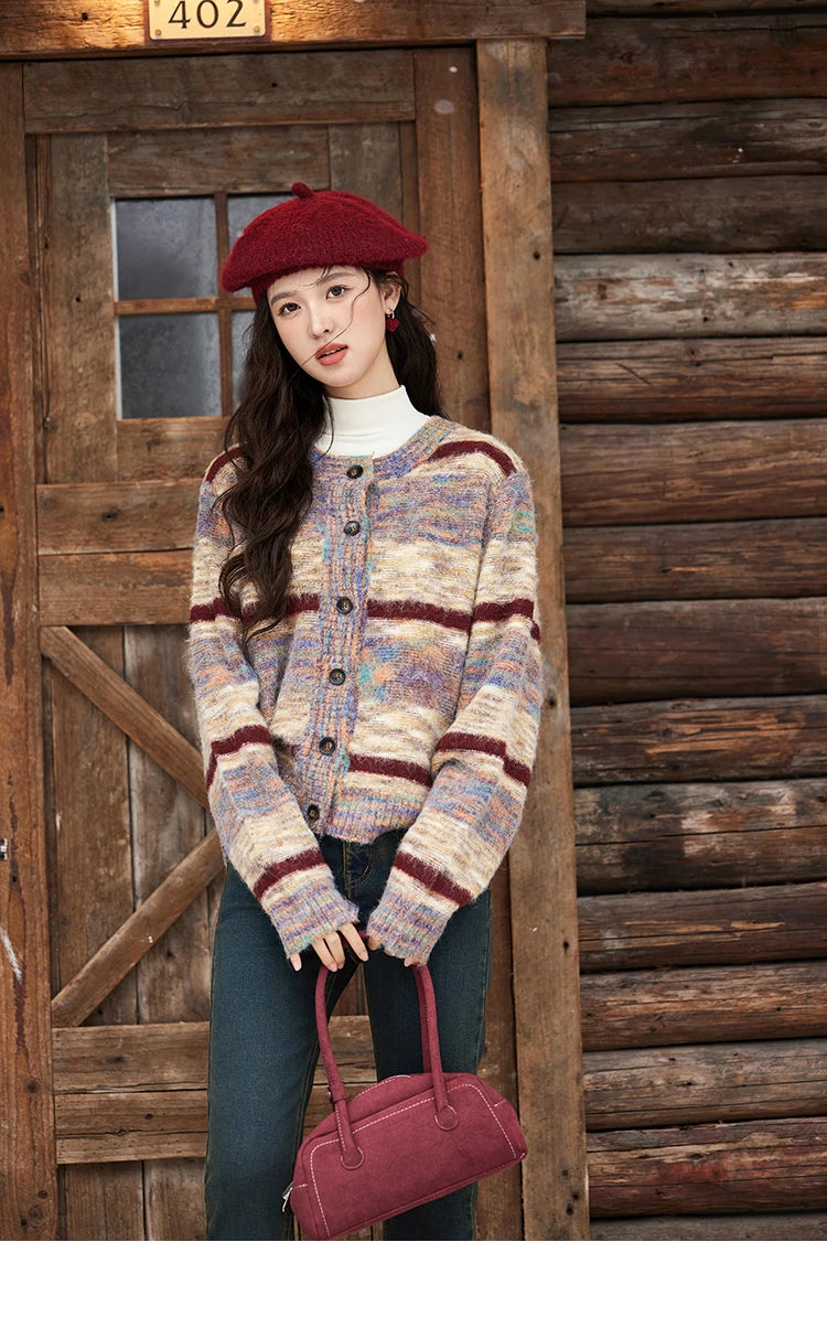Mishow Striped Contrast Color O-Neck Cardigan MXD59Z1061