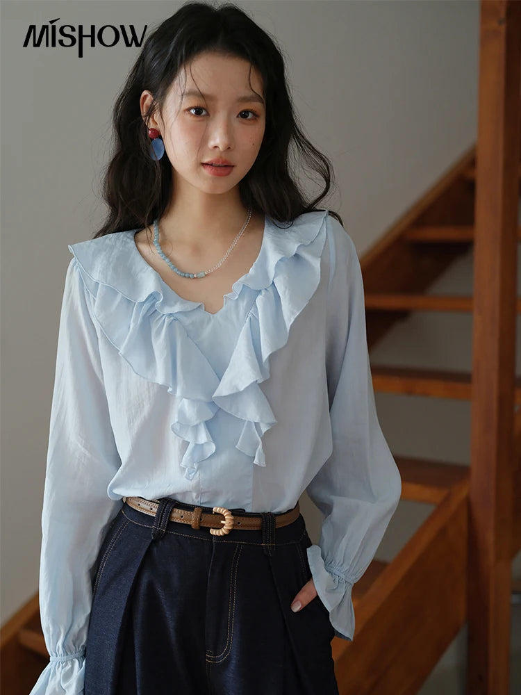 MISHOW Blue Lyocell Ruffled Shirt Flared Sleeves MXE41X1969