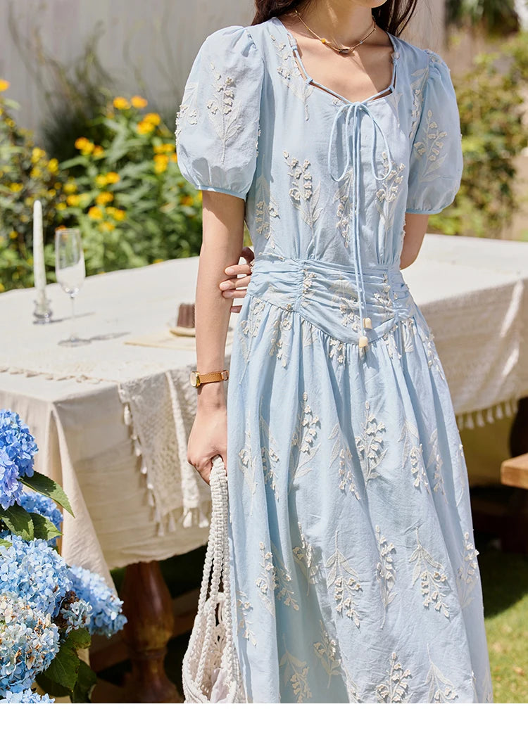 Mishow Blue Square Neck Bubble Sleeve Cotton Dress MXE35L2234