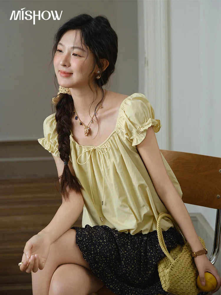MISHOW Cotton Blouse Puff Sleeve Lace Up O-Neck MXE37X1893