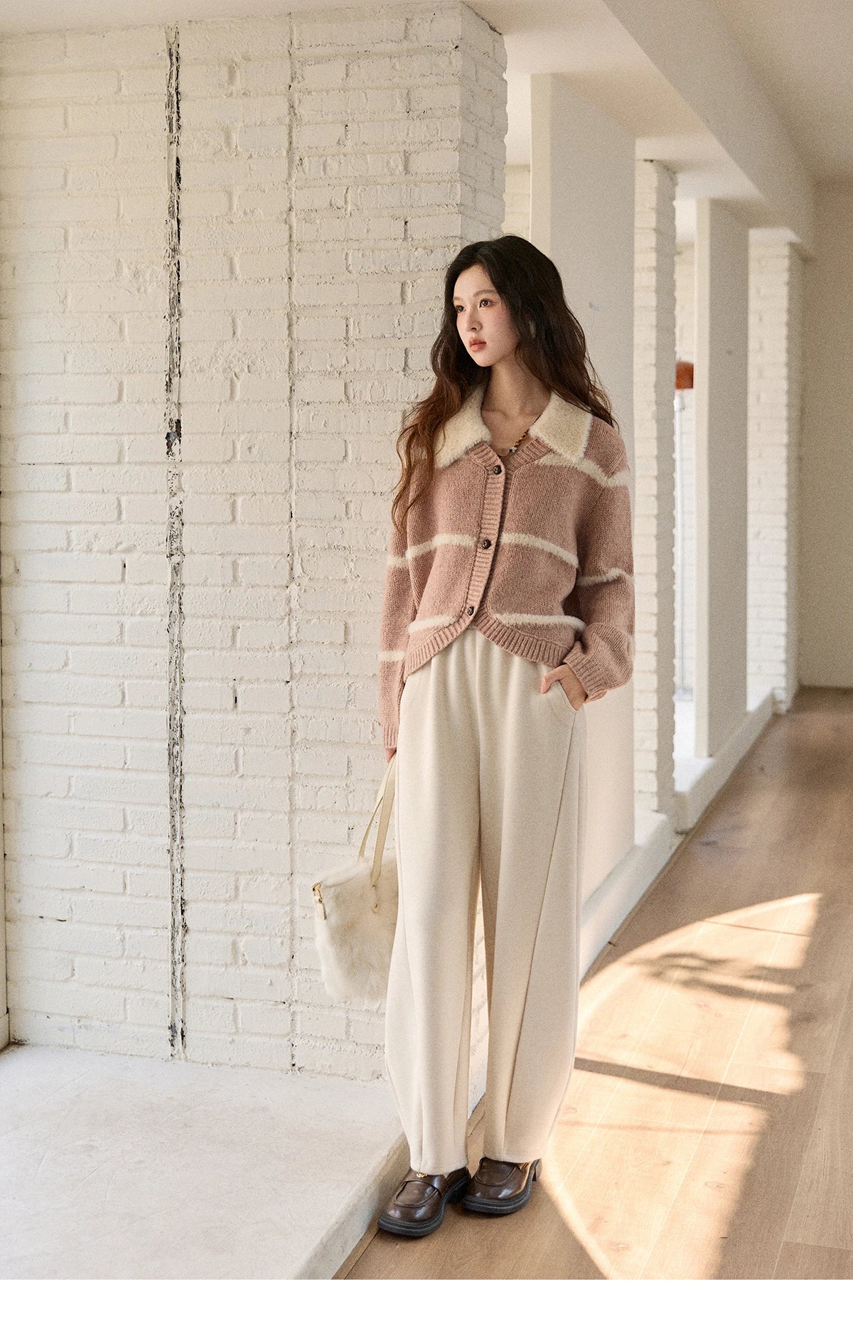 Mishow Faux Mink Turn-Down Collar Striped Cardigan MXE89Z2668