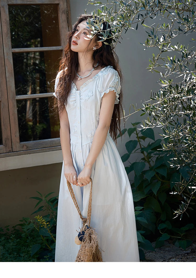 Mishow V-Neck Mushroom Edge Embroidery Button Dress MXE39L2407