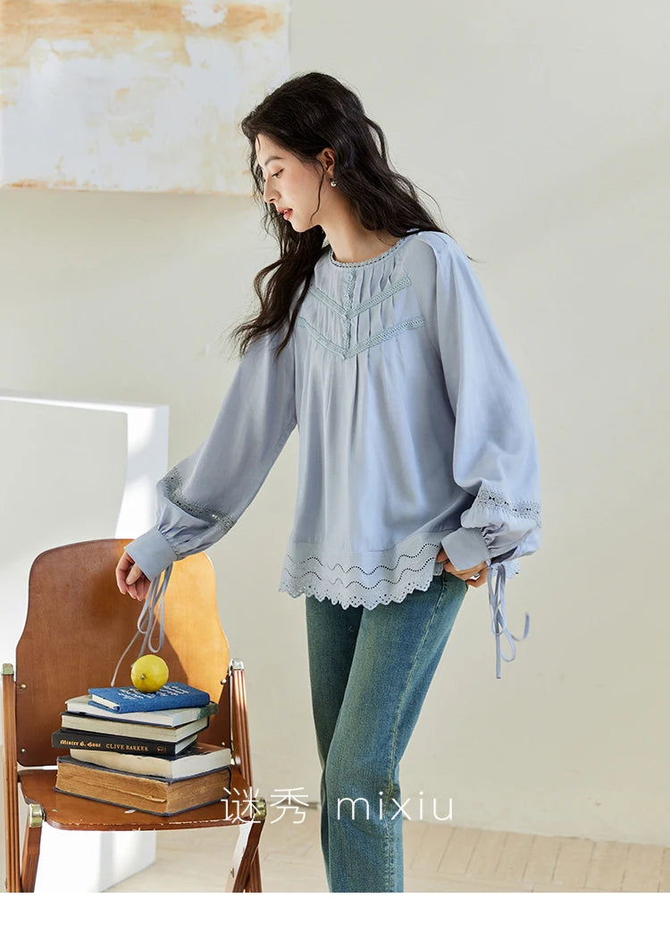 MISHOW Blue Lace Patchwork Shirt Wave Edge Lantern Sleeve MXE14X1716