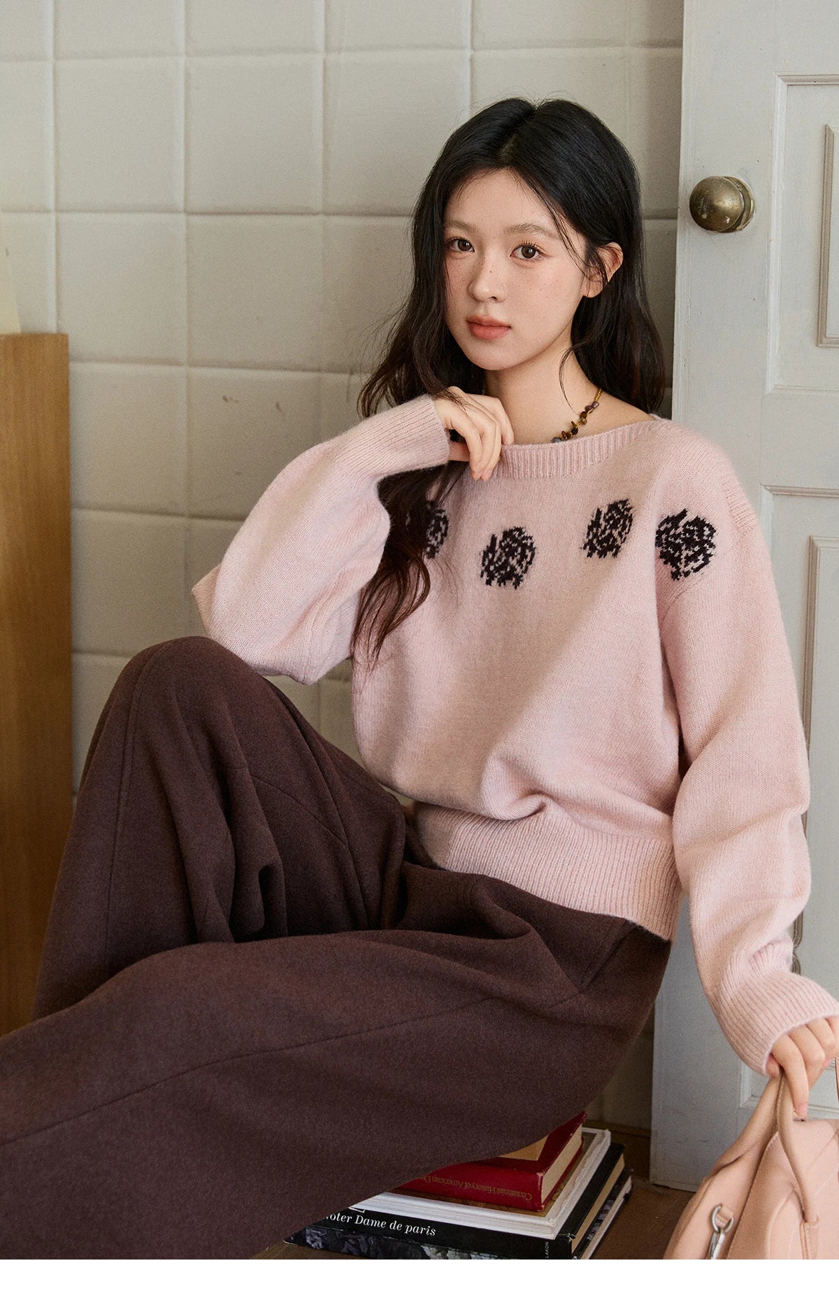 Mishow Pink Jacquard Lantern Sleeve Drop Shoulder Sweater MXE91Z2775