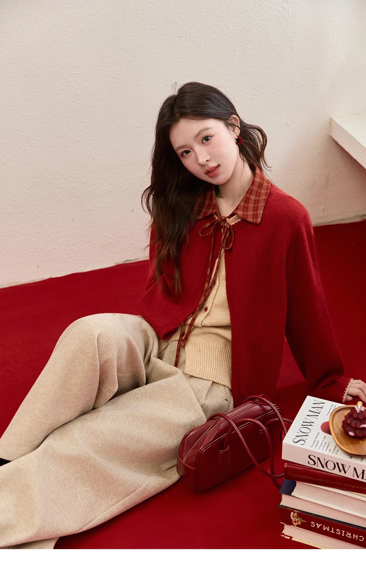 Mishow Color Block Fake Two-Piece Removable Collar Cardigan MXE93Z2816