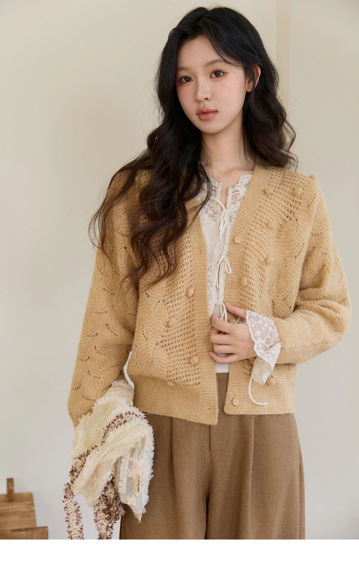 Mishow Hollow-out V-Neck Bobble Knit Cardigan MXF108Z1020