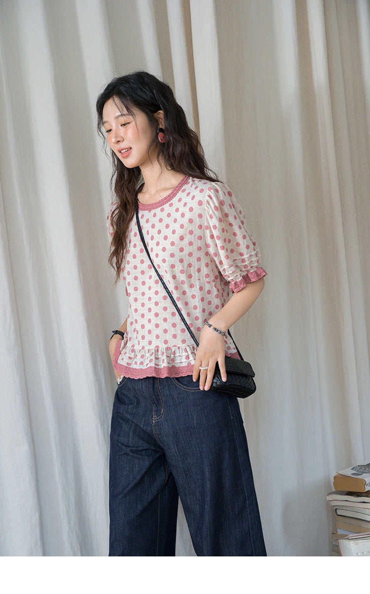 MISHOW Pink Polka Dot Puff Sleeve Blouse MXE37X1900