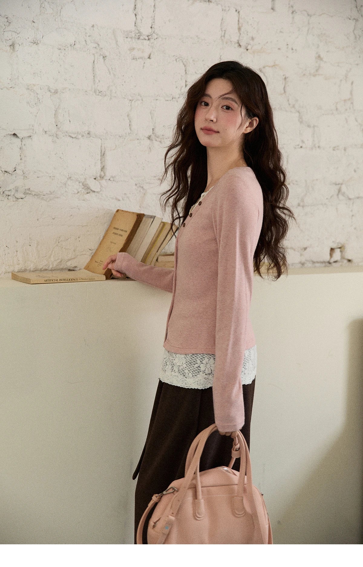 Mishow V-Neck Lace Trim Knit Top MXE86Z2673