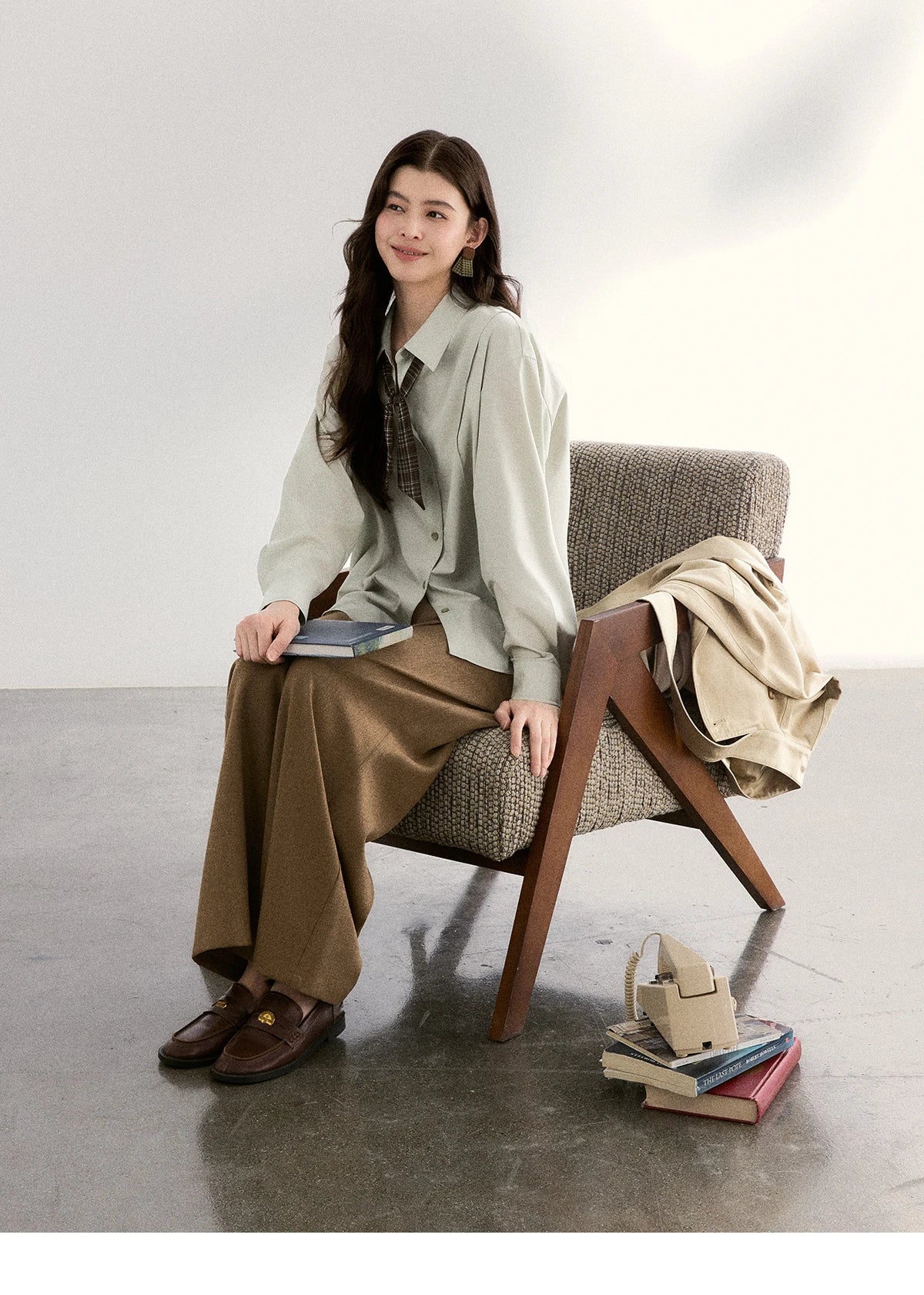 MISHOW Casual Loose Shirt with Plaid Scarf Lapel Top MXF108C0815