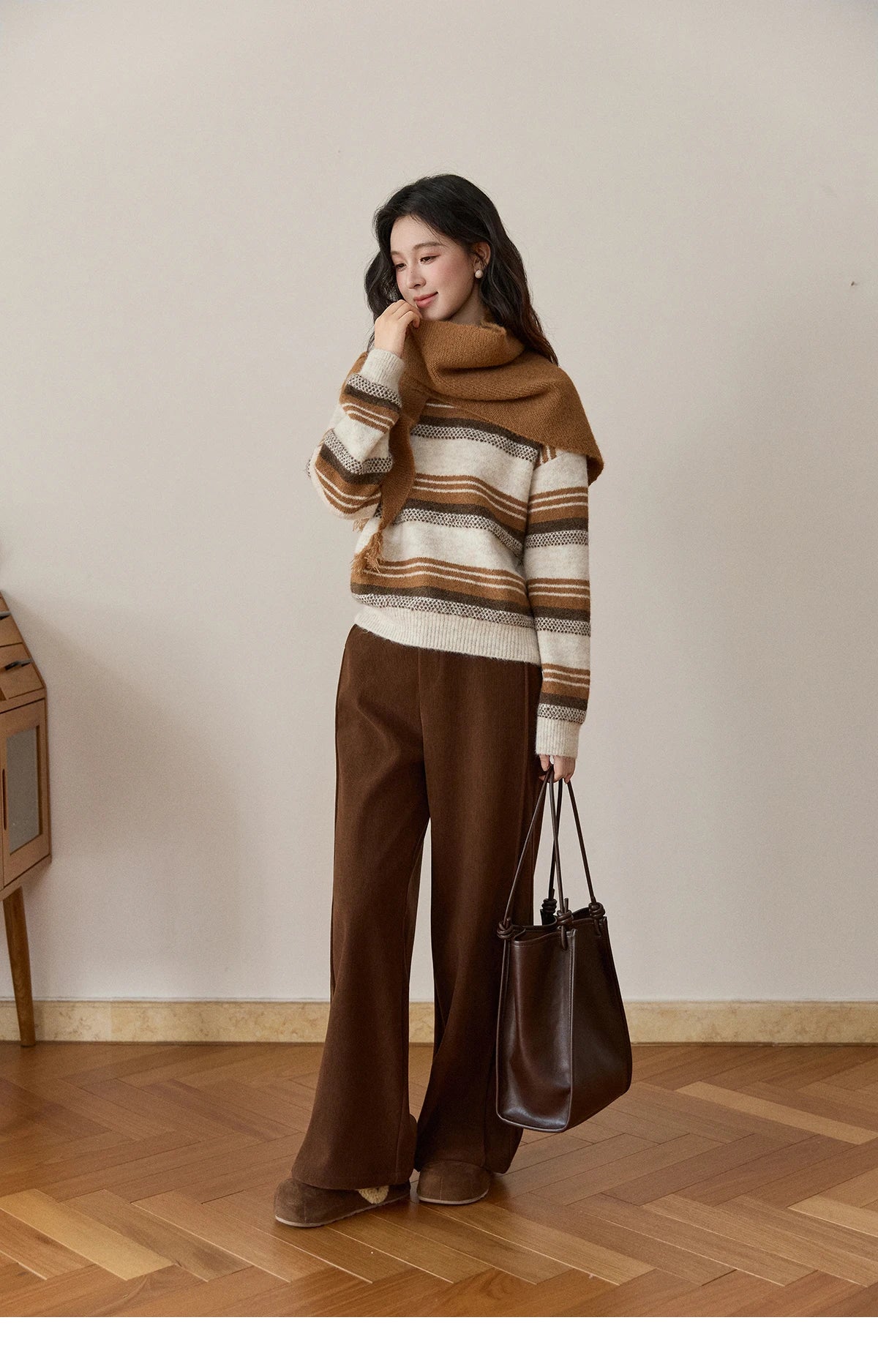 Mishow Wool Blend Retro Striped Sweater with Scarf MXE94Z2987
