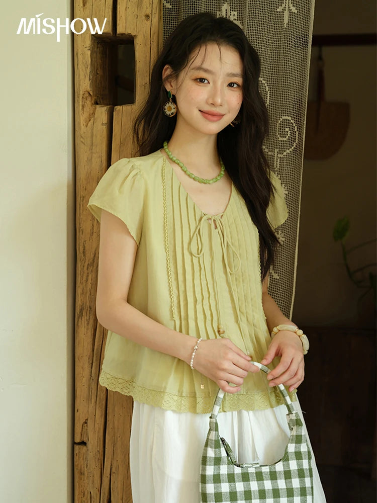 MISHOW V-Neck Lace Up Blouse Flying Sleeve Lace MXE37X1855