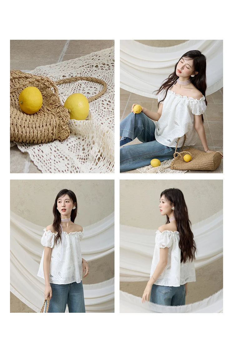 MISHOW Slash Neck Lace Blouse Short Sleeve Solid MXE35X1775