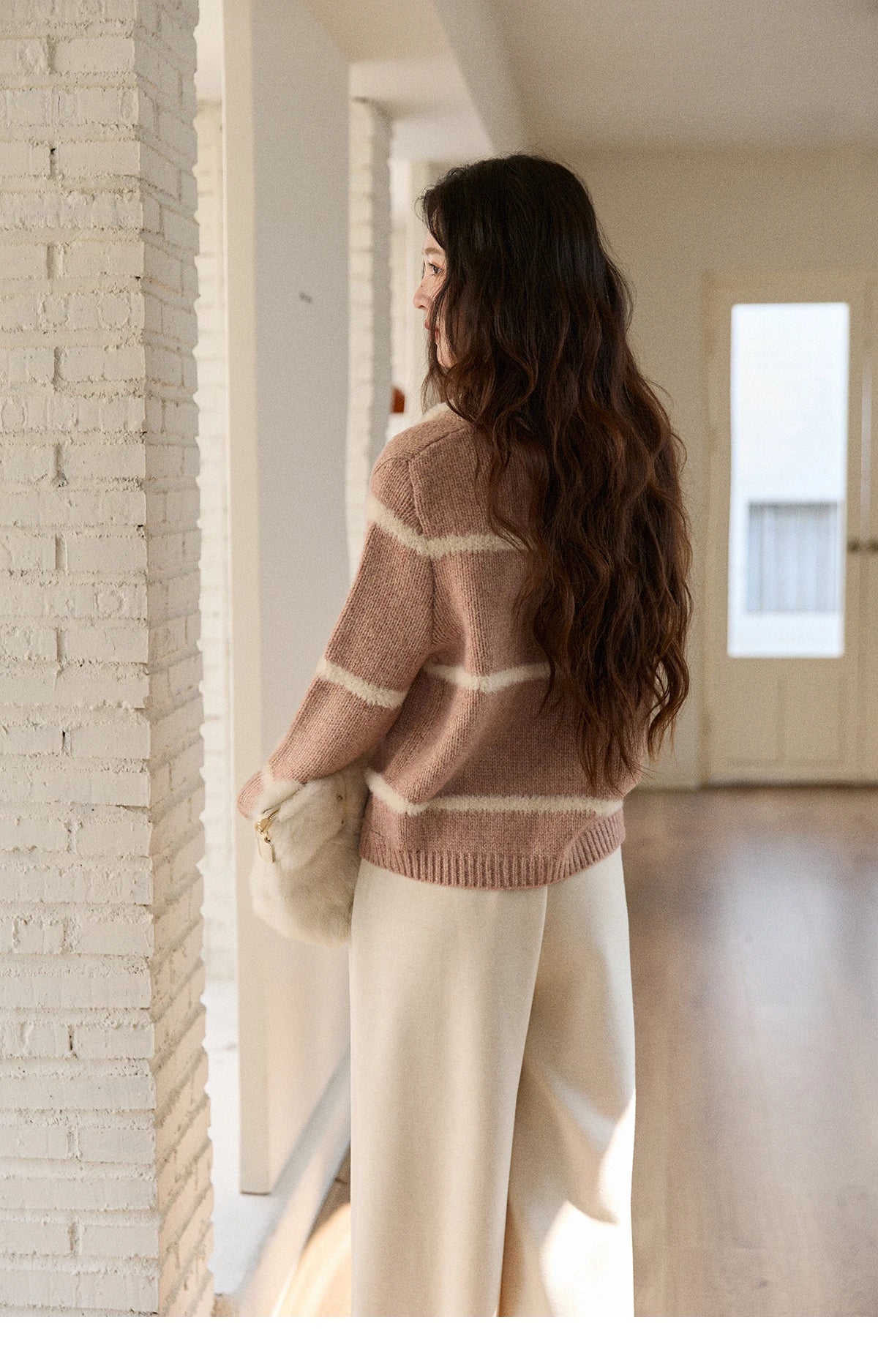 Mishow Faux Mink Turn-Down Collar Striped Cardigan MXE89Z2668