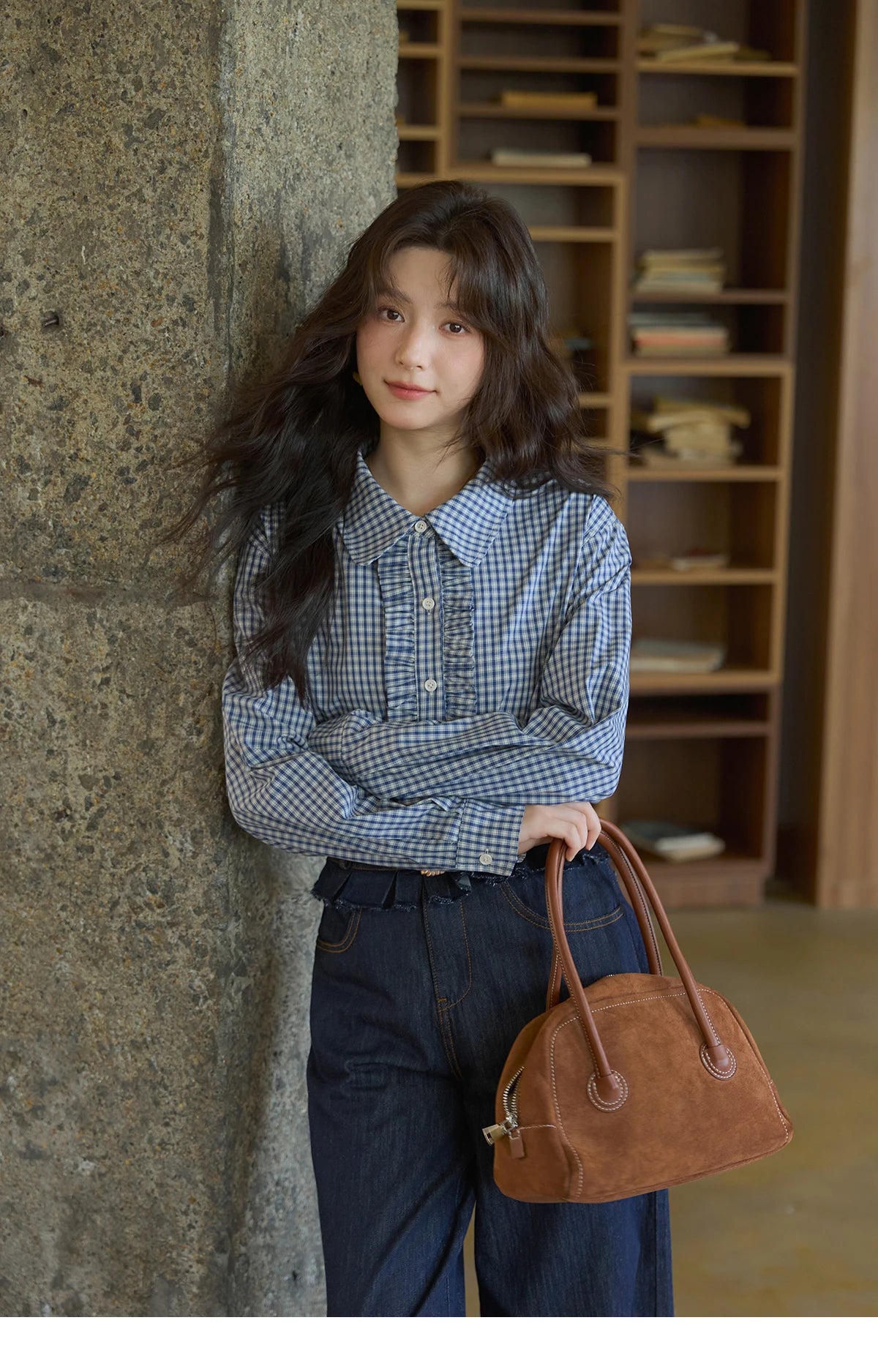MISHOW Blue Plaid Cotton Shirt Doll Collar Dropped Shoulder MXE44C2391
