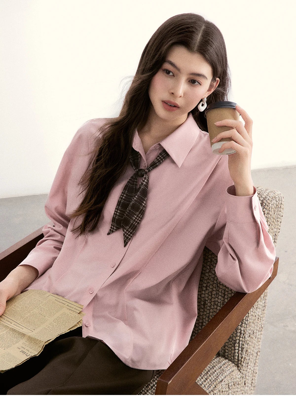MISHOW Casual Loose Shirt with Plaid Scarf Lapel Top MXF108C0815