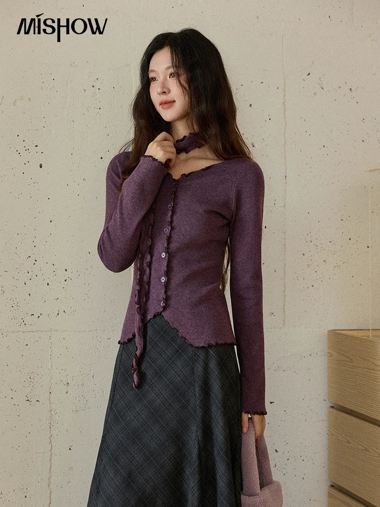 Mishow Ruffled Edge V-Neck Ribbon Knit Pullover MXE86Z2728