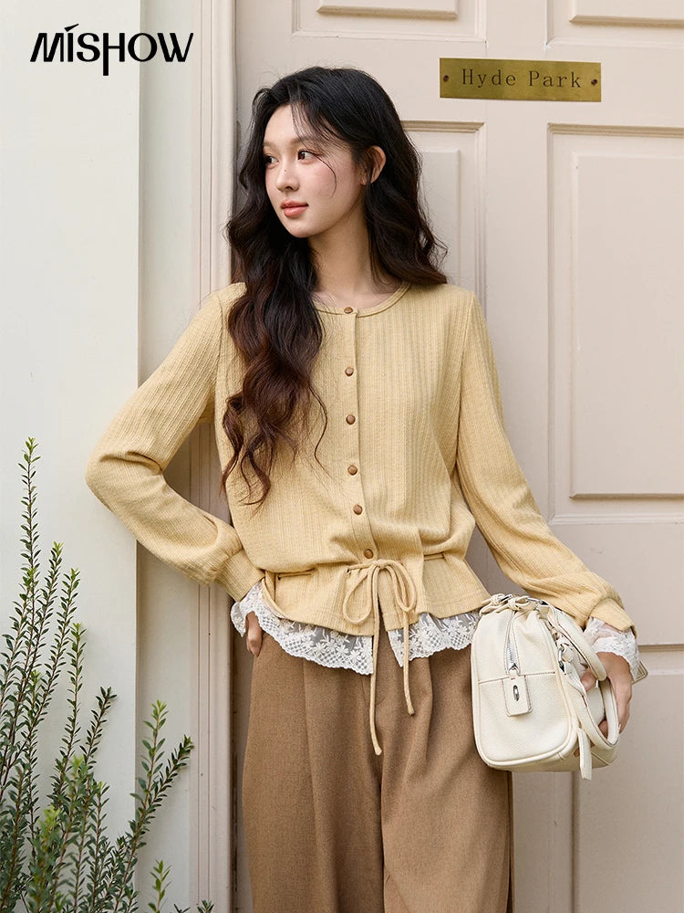 Mishow Yellow Ribbed Lace Trim Drawstring Cardigan MXF11Z2919