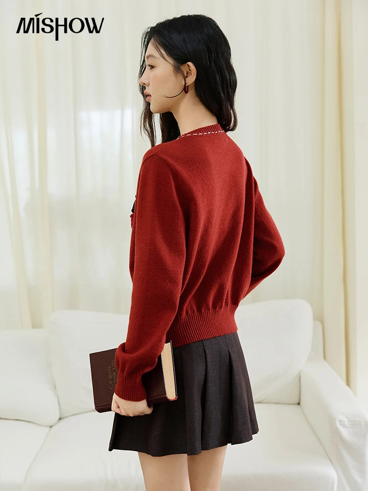 Mishow Bow Placket Lantern Sleeve Cardigan with Brooch MXE45Z1377
