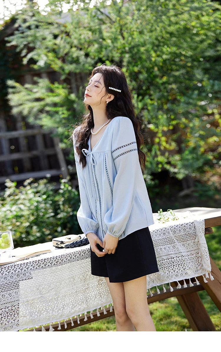 MISHOW Blue V-Neck Shirt Lace-Up Hollow Lantern Sleeve MXE12C0411