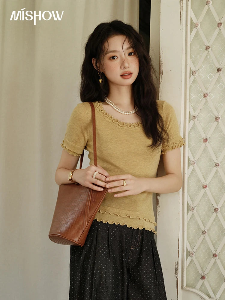 Mishow Round Neck Ear Edge Short Sleeve Tee MXE32Z1233