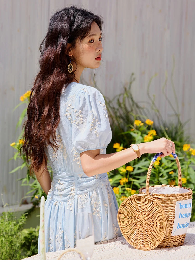 Mishow Blue Square Neck Bubble Sleeve Cotton Dress MXE35L2234