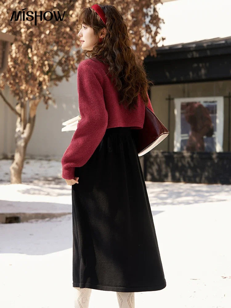 Mishow Knitted V-Neck Midi Dress & Short Cardigan Set MXC59L1646