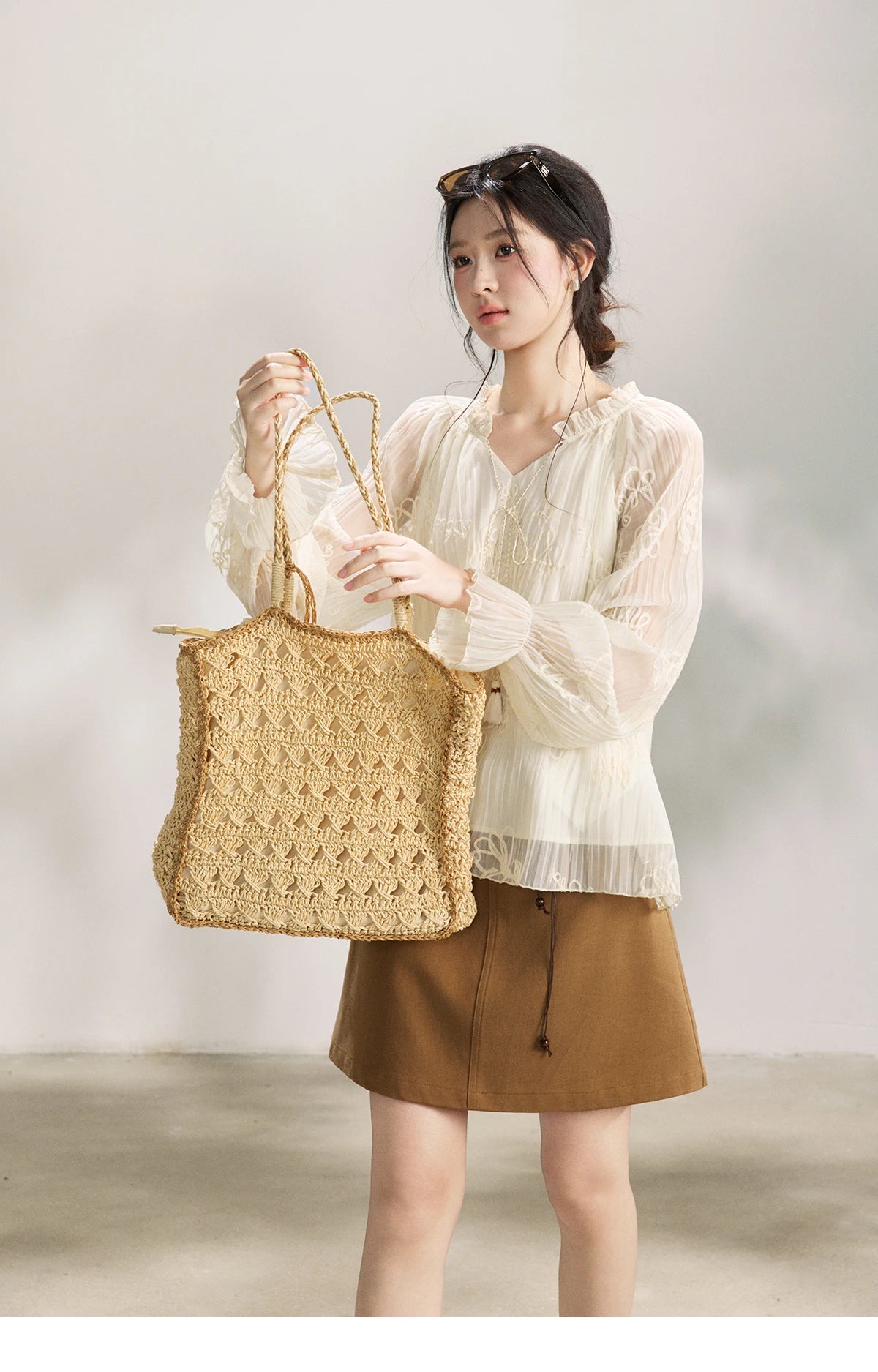 MISHOW Tassel Tie Flower Embroidered Blouse V-Neck Lantern Sleeve MXF13X2525