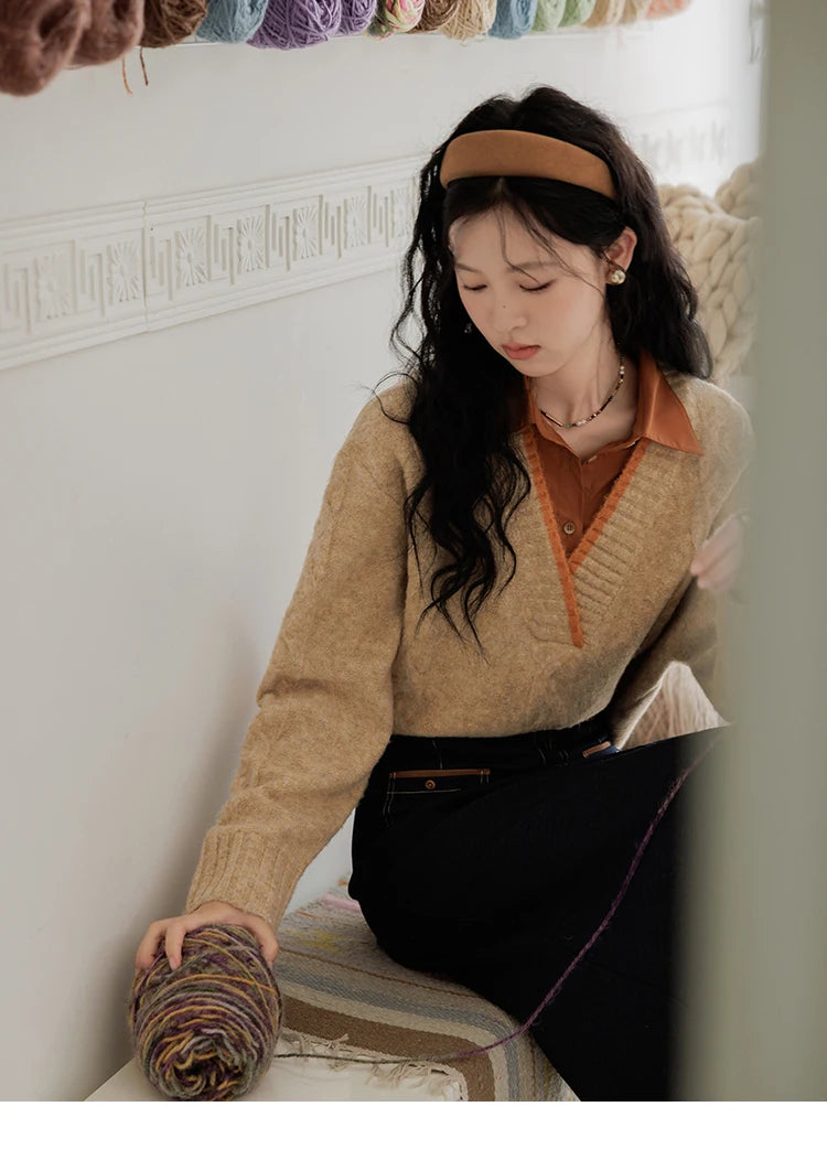 Mishow Vintage False Two-Piece V-Neck Knit Top MXD42Z0695