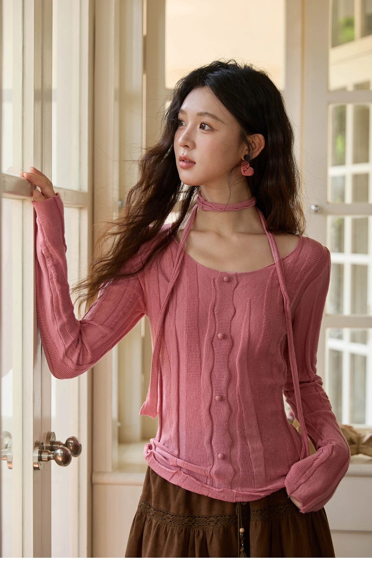 Mishow French Slim Scoop Neck Draped Tie Pullover MXE42Z1322