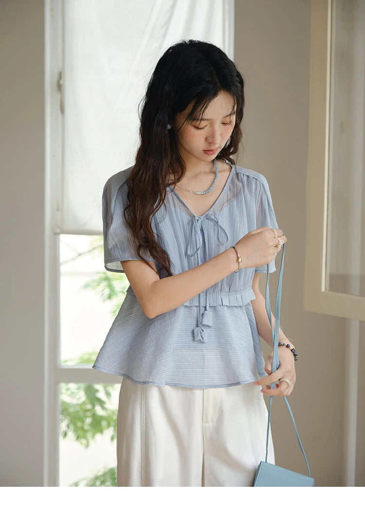 MISHOW V-Neck Blouse Splicing Button Lace Up Short Sleeve MXE34X1821