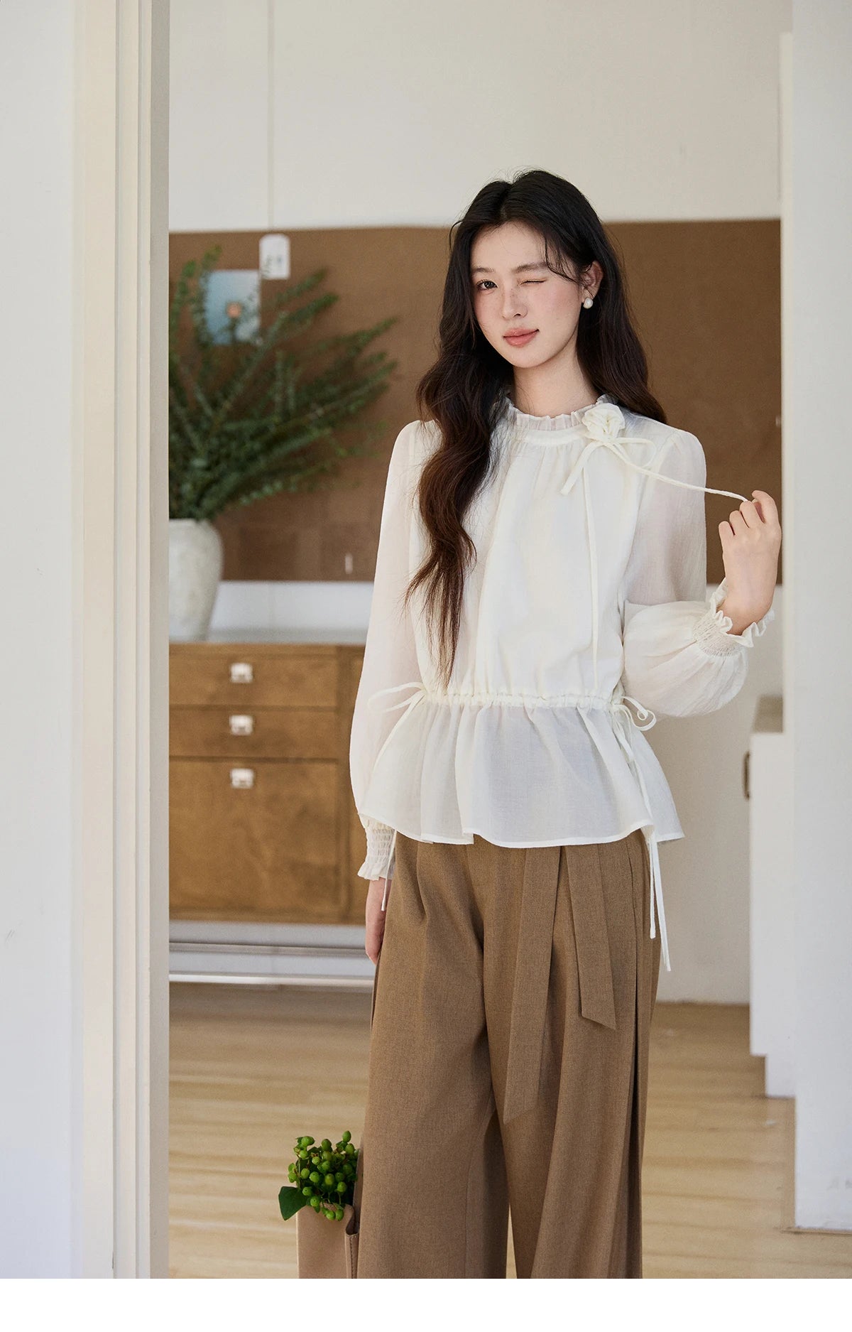 MISHOW Ruffled Stand Collar Blouse Drawstring Waist Puff Sleeve MXF11C2428