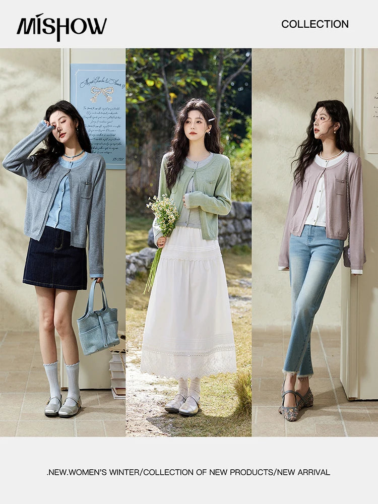 Mishow Fake Two-Piece Contrast Patch Pocket Cardigan MXE12Z1144