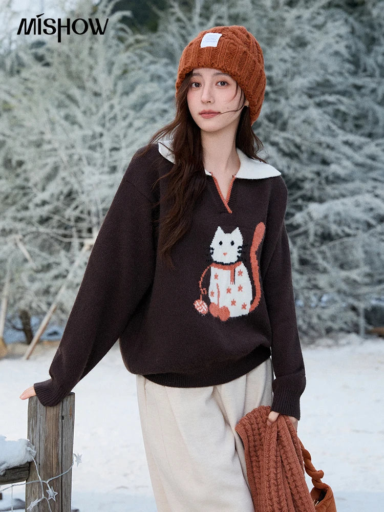 Mishow Retro Arctic Fleece Color Block Cat Sweater MXE90Z2835
