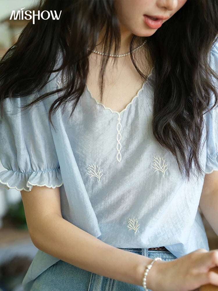 MISHOW Coral Embroidery Blouse V-Neck Puff Sleeve MXE37X1850