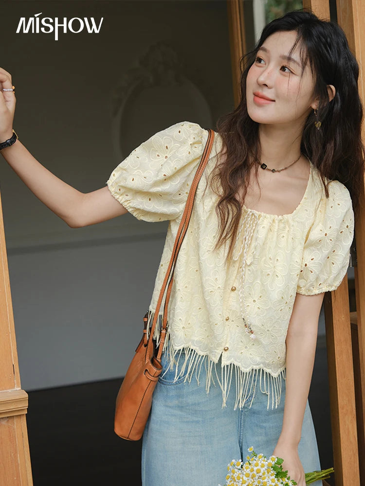 MISHOW Hollow Out Blouse Embroidery Puff Sleeve Square Collar Tassel MXE37X1851