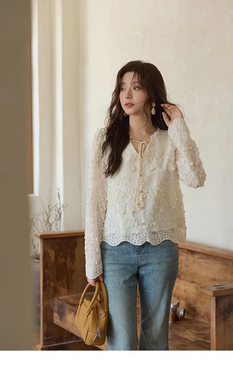 MISHOW Lace Jacquard Embroidered Shirt Black Fungus Edge MXE41X1927
