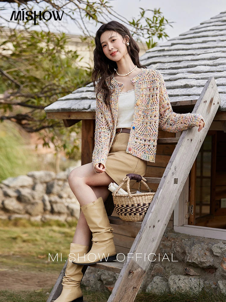 Mishow Rainbow Button Hollow Knit Cardigan MXE13Z1110
