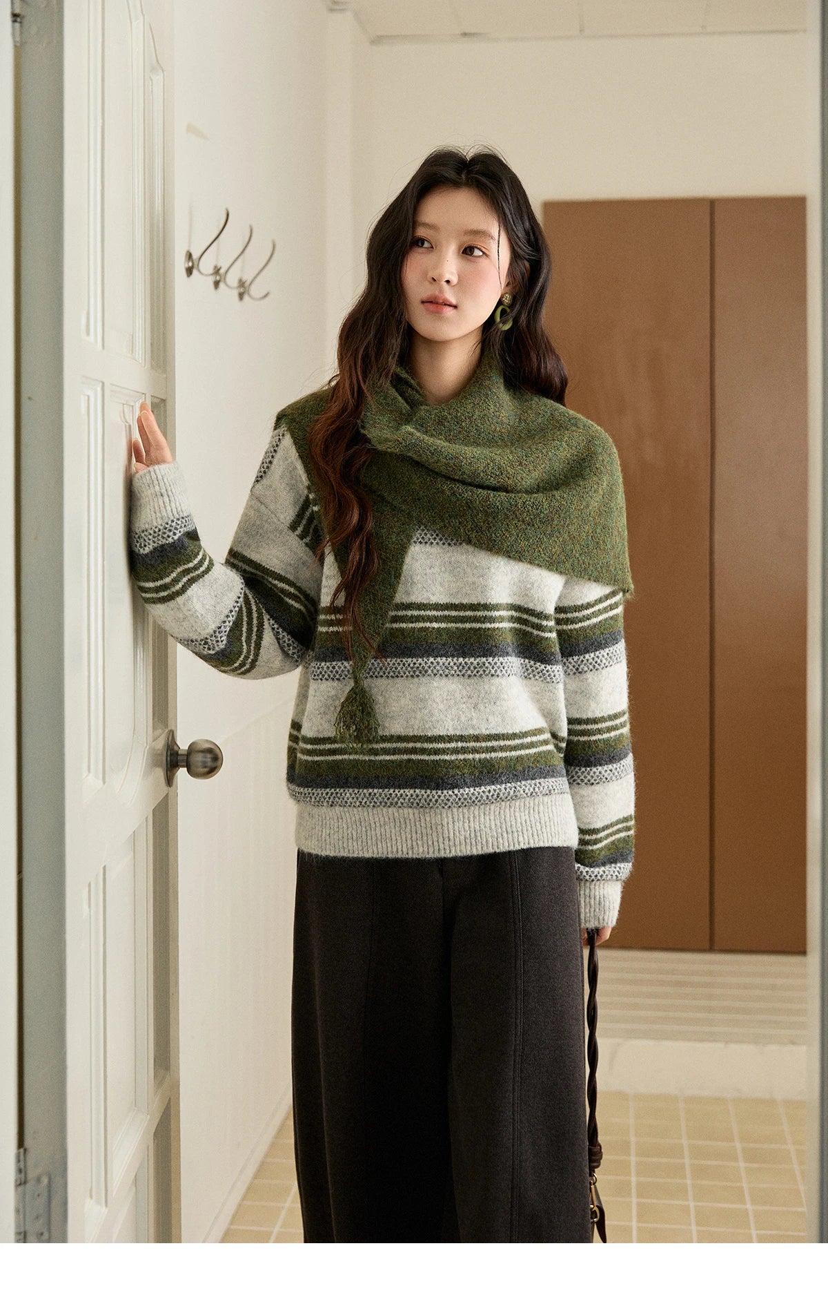 Mishow Wool Blend Retro Striped Sweater with Scarf MXE94Z2987