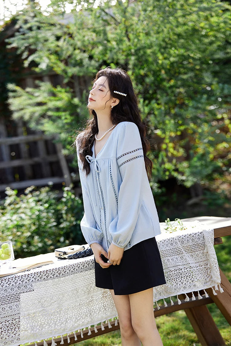 MISHOW Blue V-Neck Shirt Lace-Up Hollow Lantern Sleeve MXE12C0411