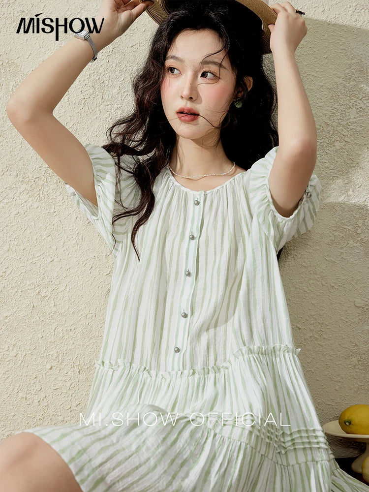 MISHOW French Green Striped Puff Sleeve Dress MXE15L2141