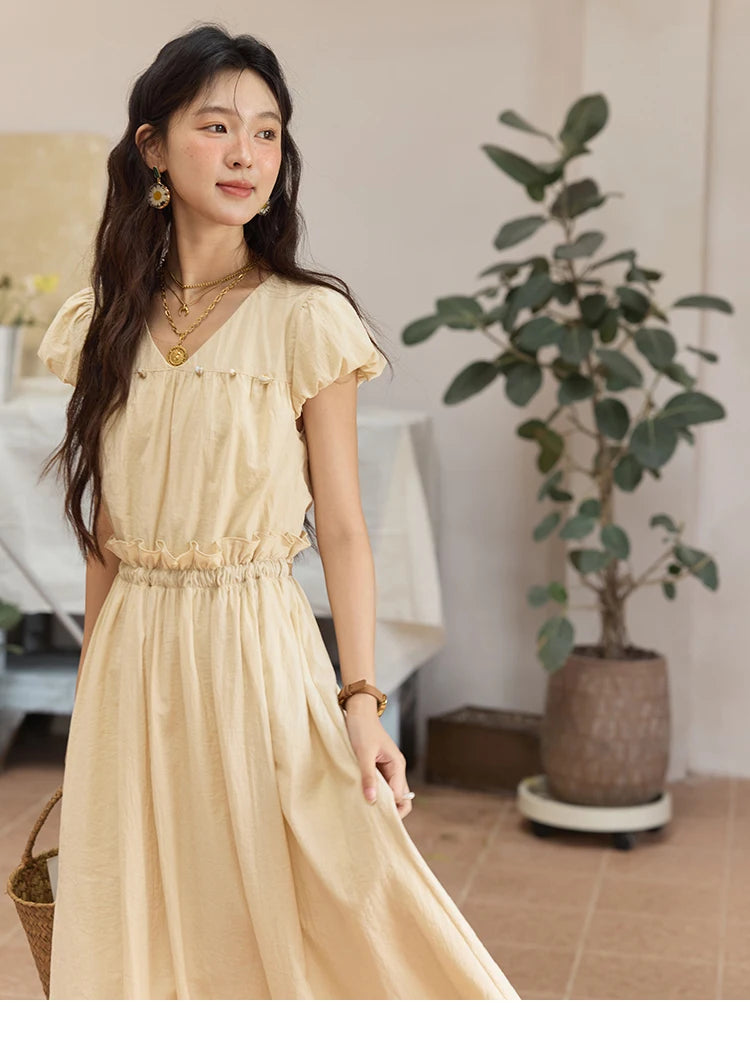 Mishow Flower Bud Sleeve V-Neck Sash Dress MXE34L2238