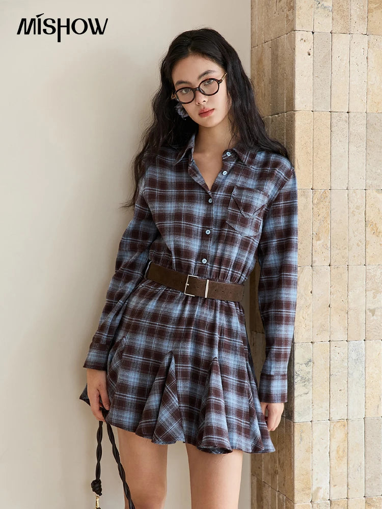 Mishow Blue Plaid Turn-Down Collar Belt Dress MXE48L2525