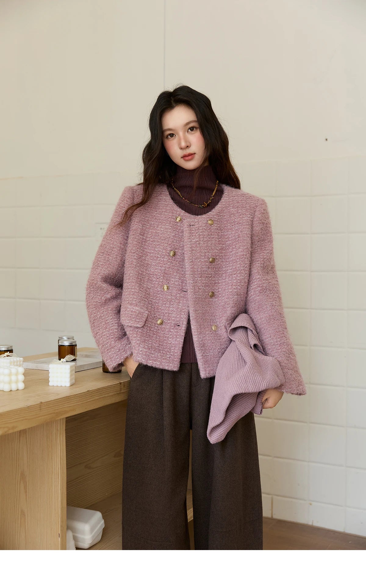 Mishow Purple Double-Breasted Tweed Wool Coat MXE88W0881