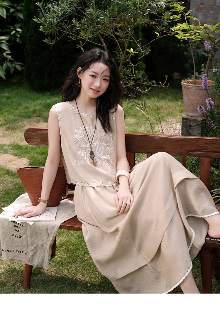 Mishow Hollow Embroidery Top & Lace Skirt Set MXE35T0594