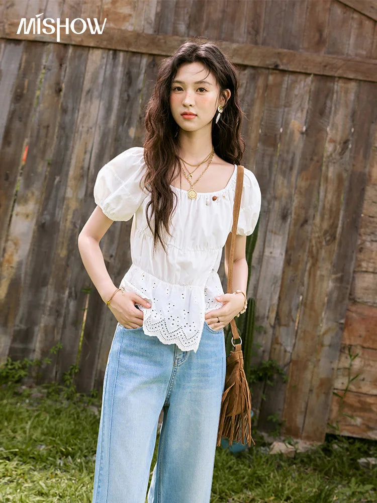 MISHOW Solid Short Puff Sleeve Blouse Hem Hollow Beading MXE33X1776